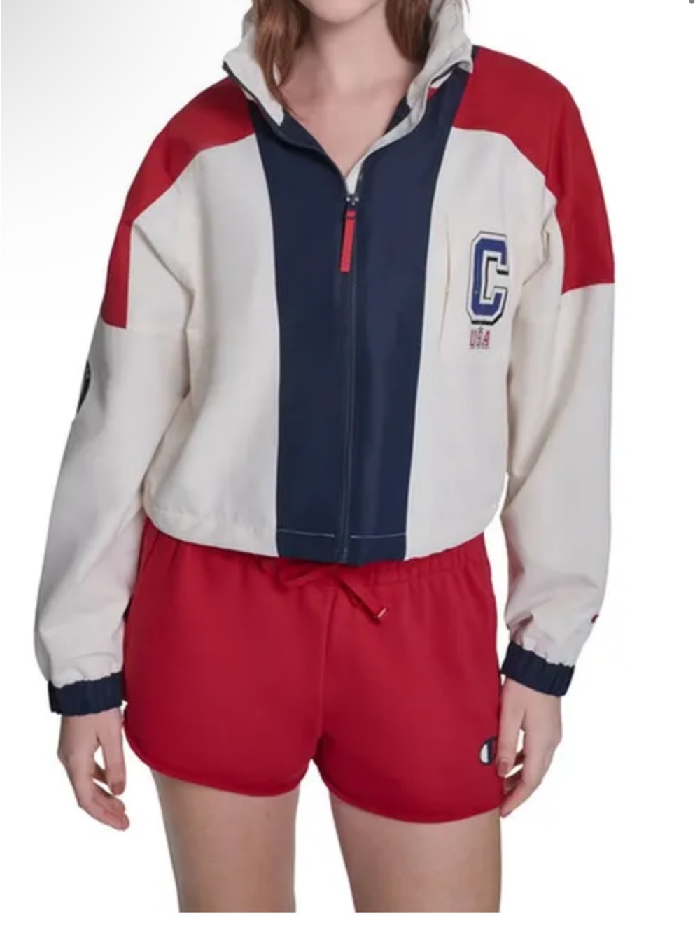 Champion Colorblock Cropped Varsity Jacket - Red/Ivory/Navy